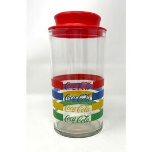 Vintage 1980s Coca Cola Rainbow Striped Glass Canister Tumbler Sugar/Coffee Jar